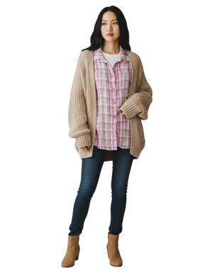 Vintage Sleeveless Button Down Shirt Plaid Cotton Blend Pink Layering Plus 22